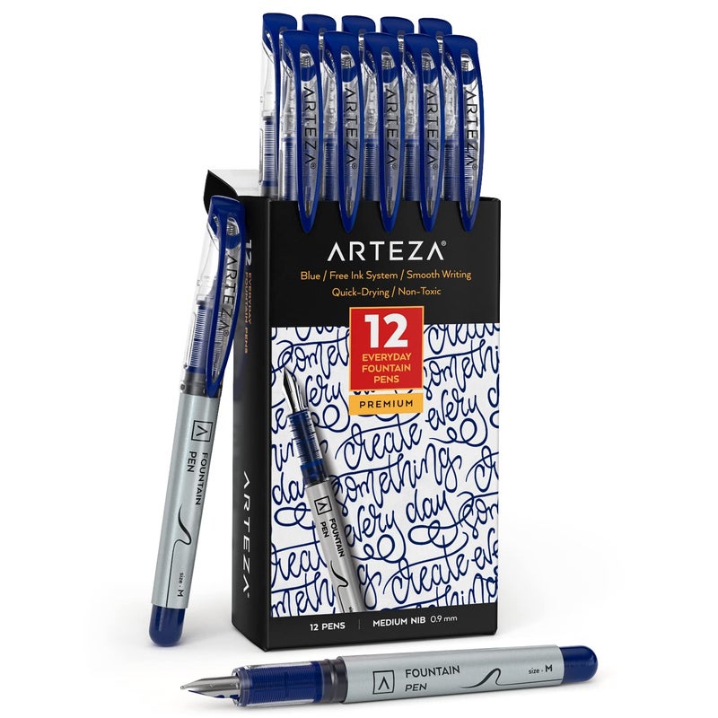 ARTEZA Disposable Fountain Pens, Pack of 12, Medium 0.9-mm Nib, Smooth-Writing Quick-Drying Blue Ink Pen, Art Supplies for Professionals, Students, and Hobbyists - Image 1
